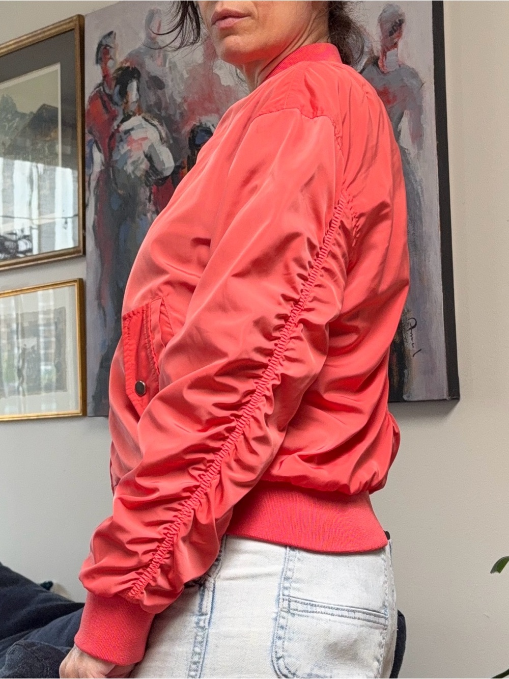 Vintage Coral Bomber Jacket Cropped Oversized MA-1 Style Zip Up